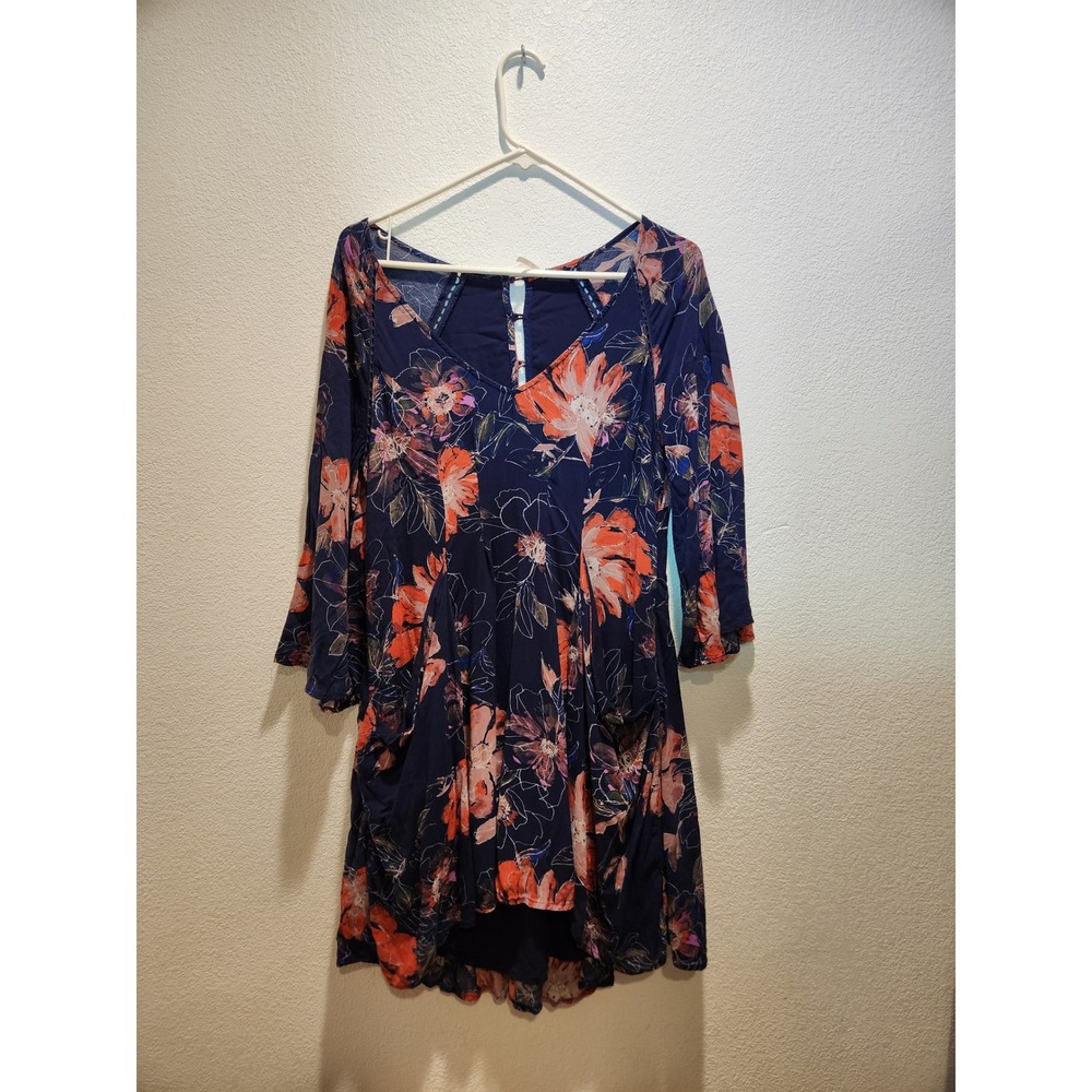 Free People Navy‎ Floral Long Sleeve Swing Dress Size 6 boho chic pocket